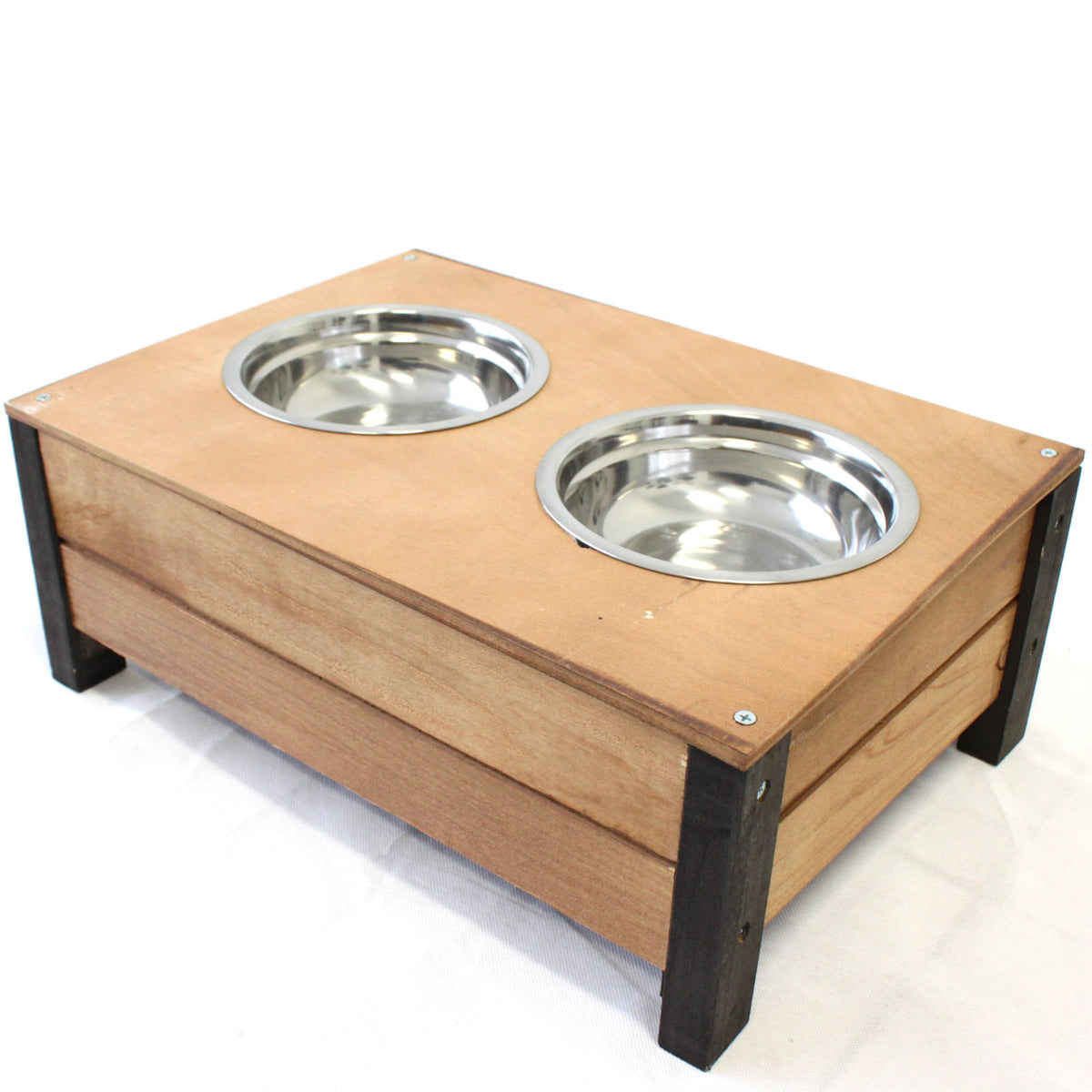 Wooden Food Bowl Holder Two 18cm Stainless Steel Bowls PetJoint