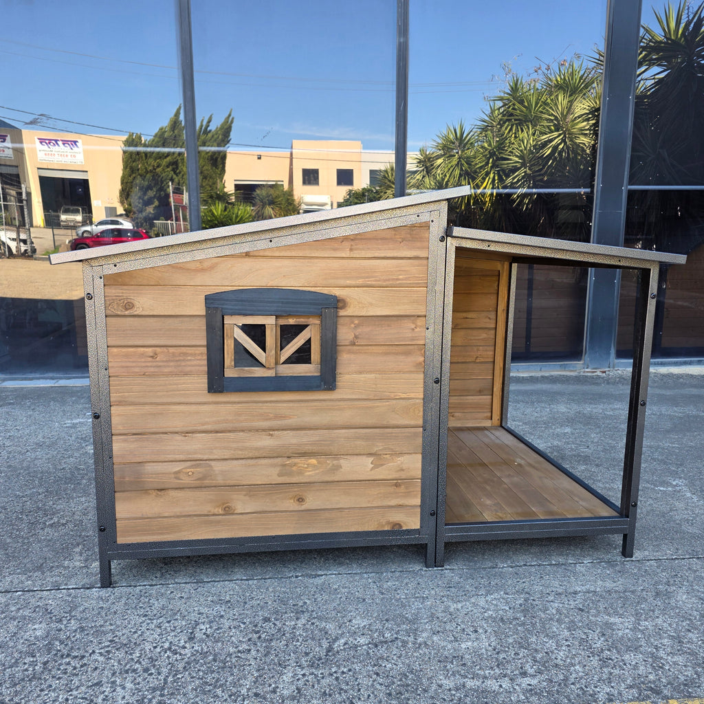 Wooden pet house with metal frame for border collie