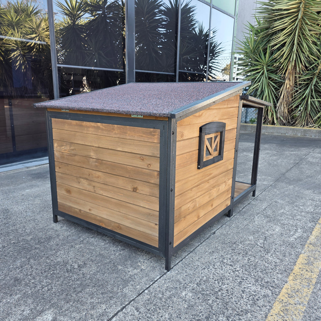 Wooden outdoor storage unit with metal frame for kelpie beagle