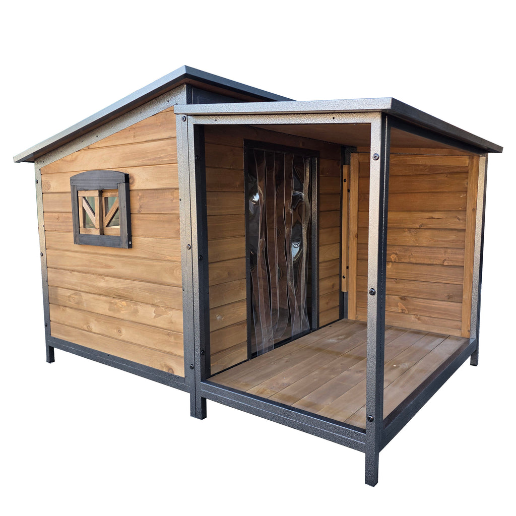 Wooden dog house with metal frame on a white background