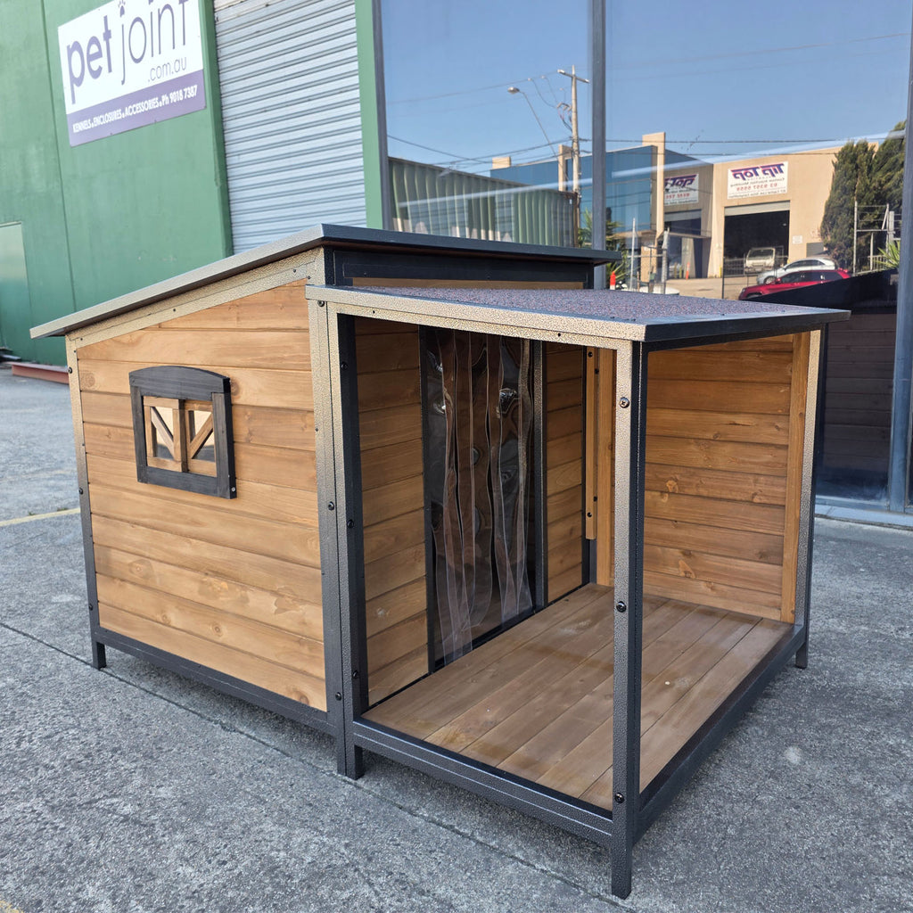 Wooden pet house with metal frame chew resistant