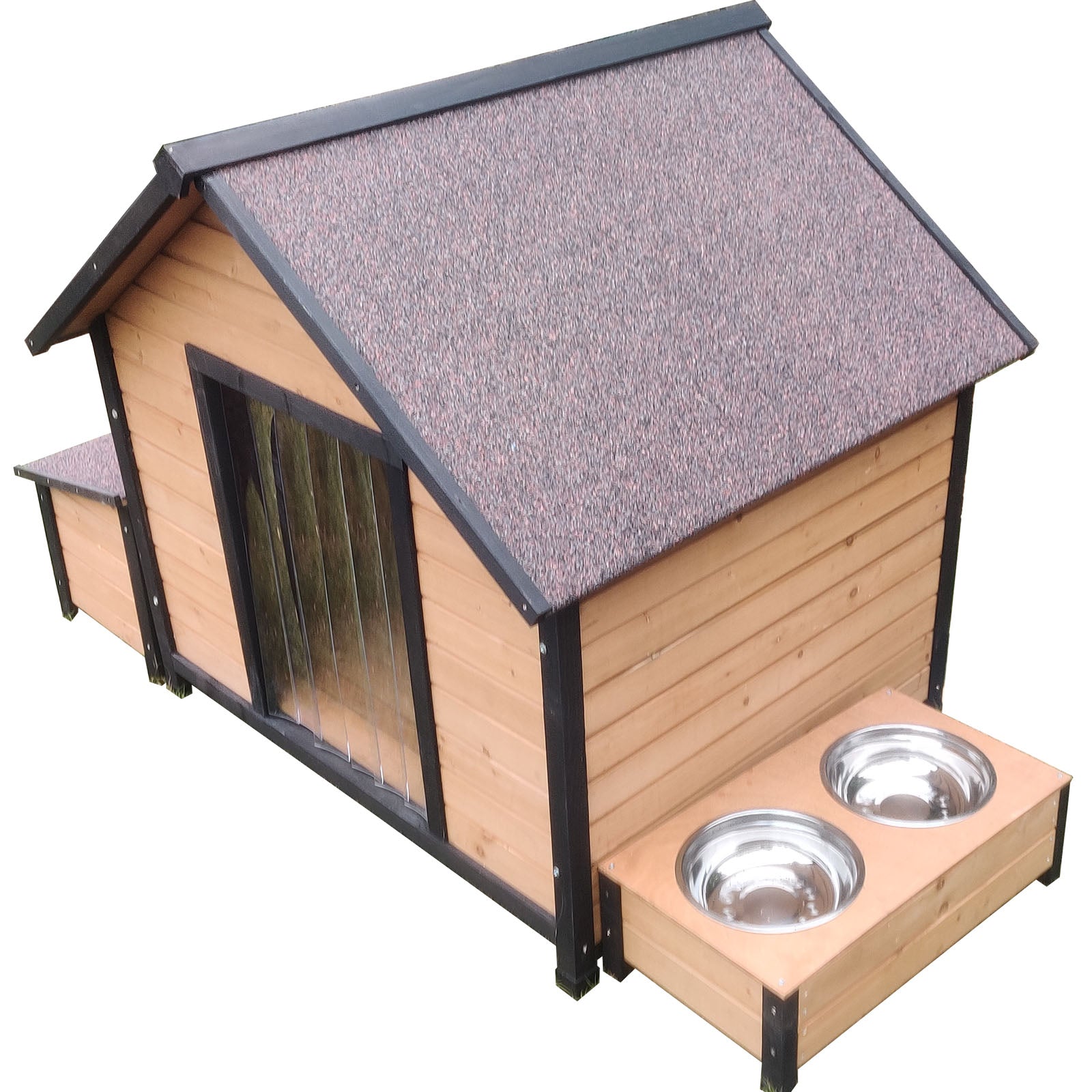 XL Extra Large Wooden Outdoor Kennel Peak Roof Food Bowl Storage