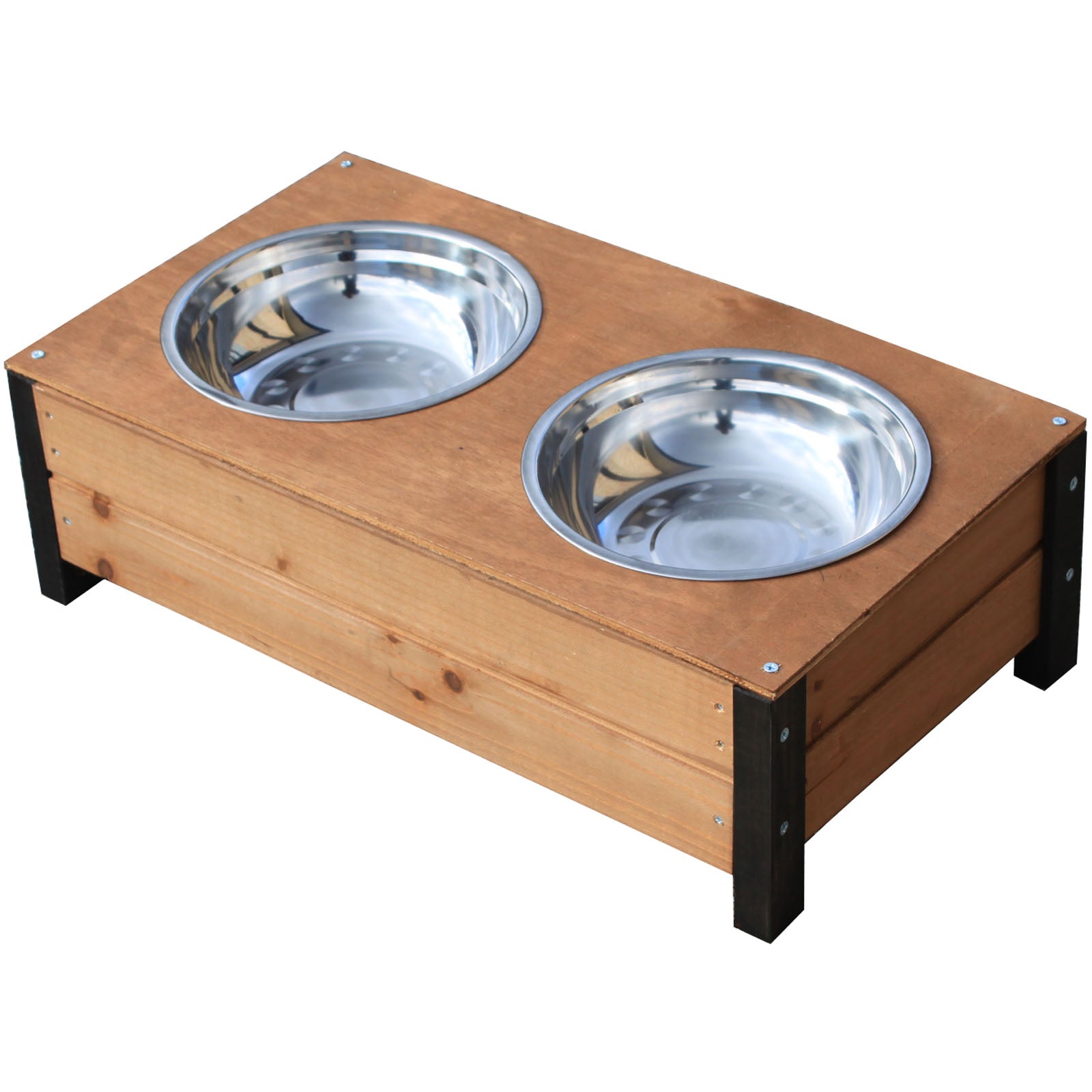 Wooden Food Bowl Holder Two 23cm Large Stainless Steel Bowls PetJoint