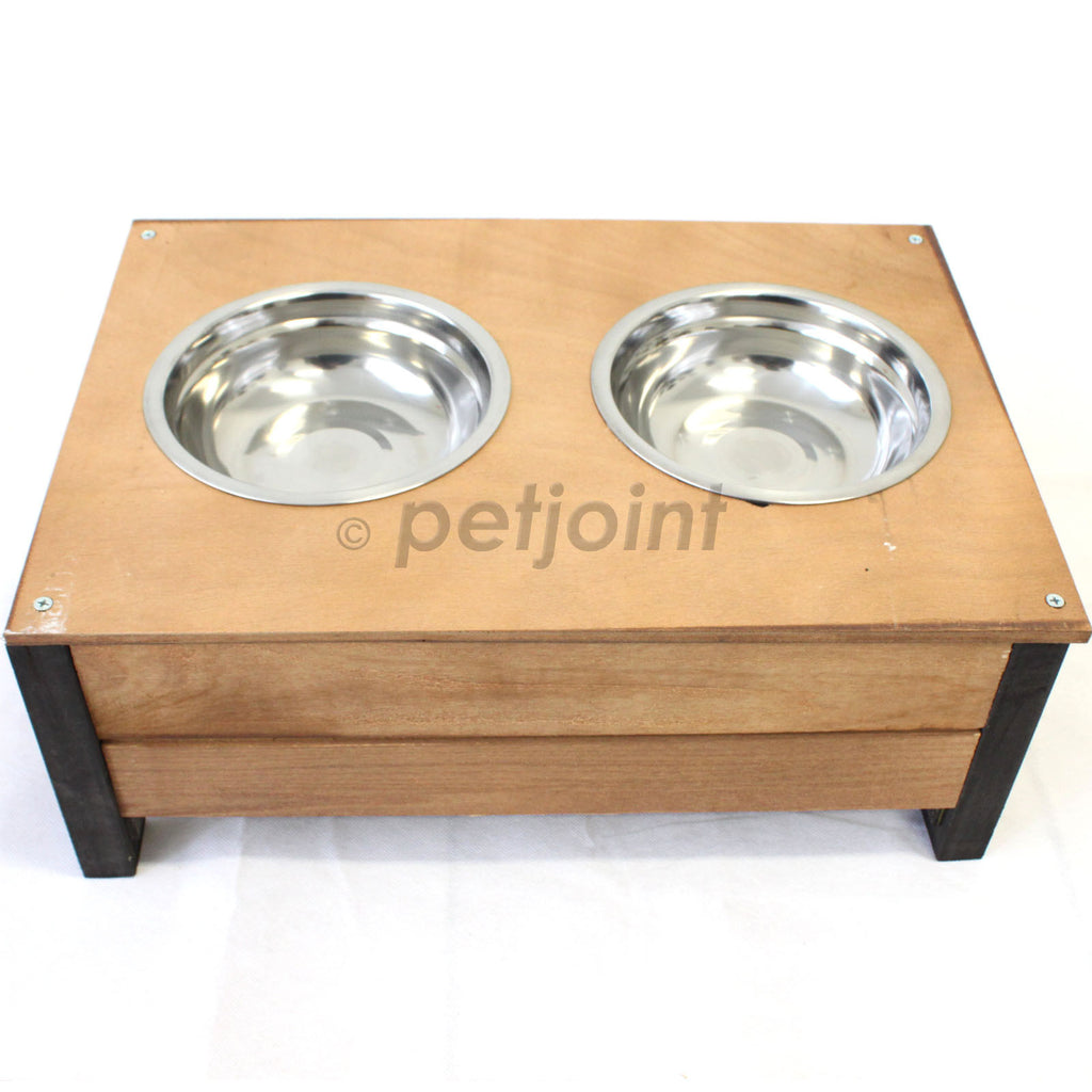 Wooden Food Bowl Holder + Two 18cm Stainless Steel Bowls - PetJoint