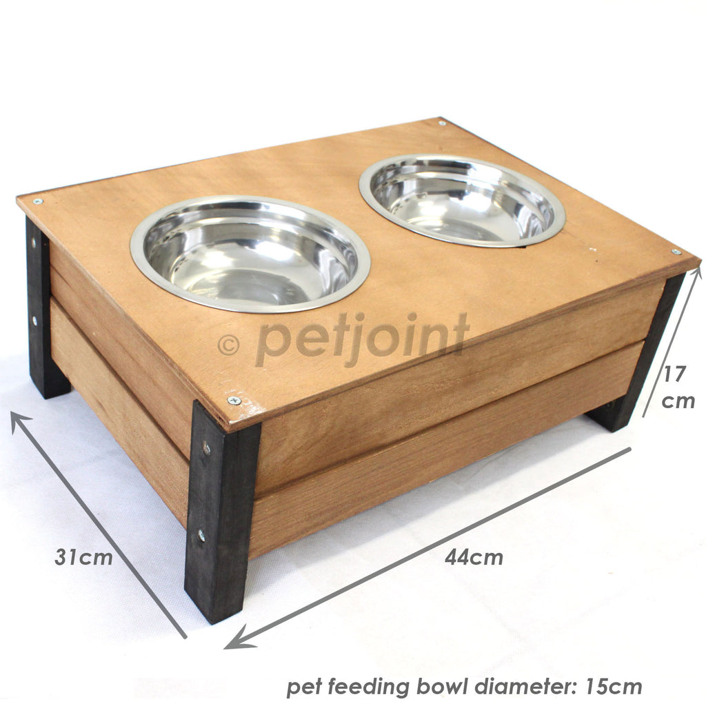 Wooden Food Bowl Holder + Two 18cm Stainless Steel Bowls - PetJoint