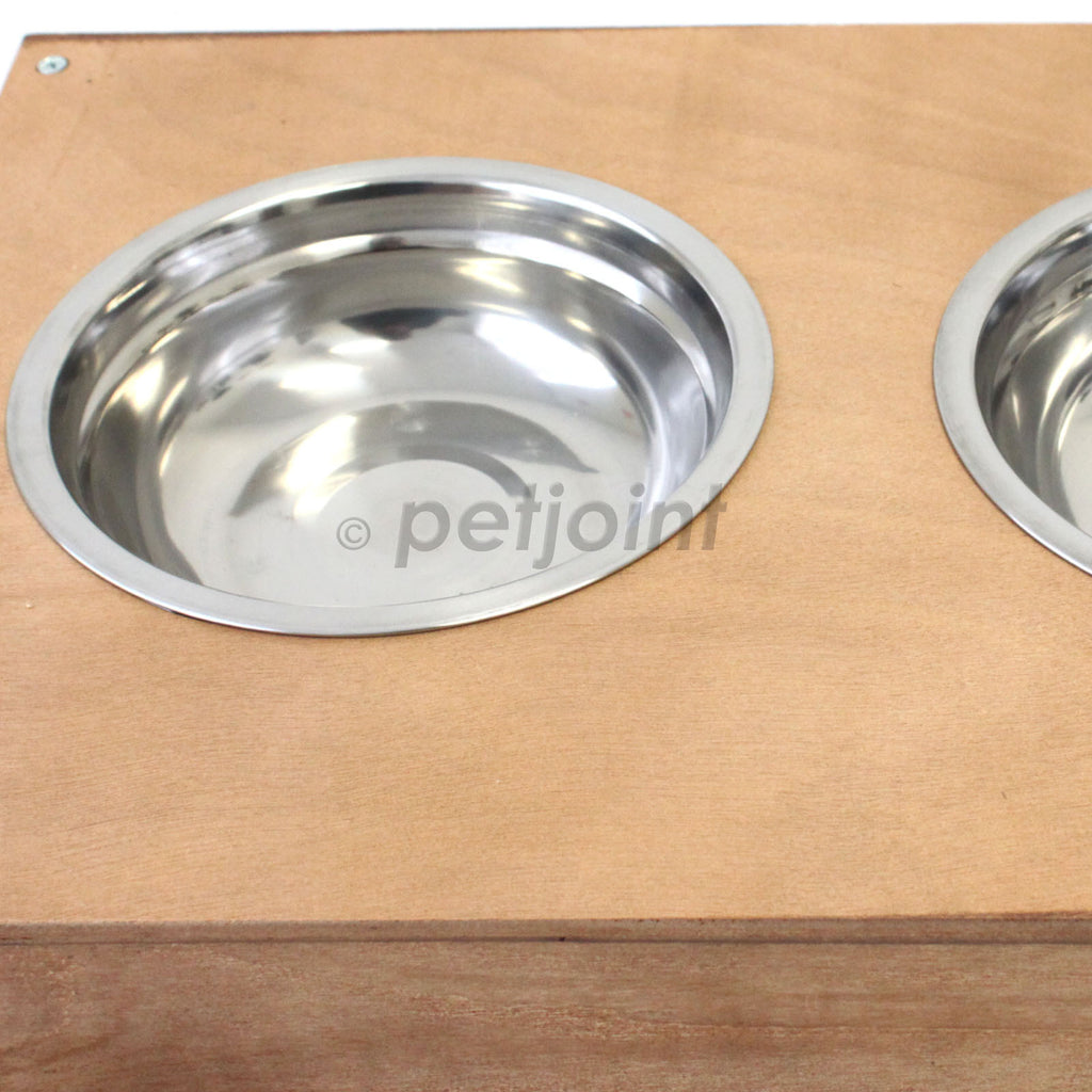 Wooden Food Bowl Holder + Two 18cm Stainless Steel Bowls - PetJoint